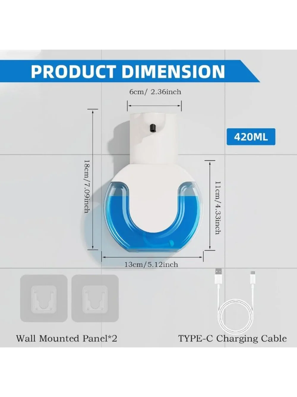 Touchless Automatic Foaming Soap Dispenser, Rechargeable 15oz, Wall Mount